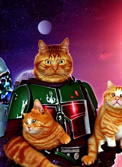 Prompt: film still of boba fett holding a fat ginger cat in his arms, star wars, beautiful glowing lights, planets in background, sci - fi, stunning, intricate, elegant. highly detailed