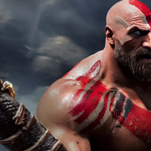 Image similar to dwayne johnson as kratos from god of war, detailed, unreal engine 5