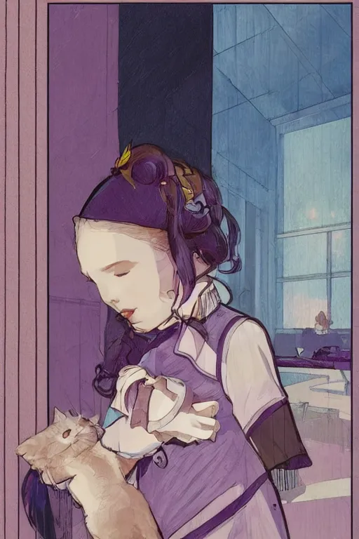 Prompt: a girl playing with a cat A comfortable study room at night,purple and blue colour ,geometric shapes,S line,hard edges,by mucha and krenz cushart ,jk uniform ,Hairdryer