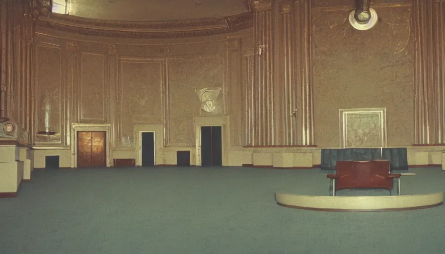 Image similar to 60s movie still of a sovietic stalinist style empty congress palace, with a Karl Marx portrait, cinestill 800t 50mm eastmancolor, liminal Space style, heavy grain-s 150