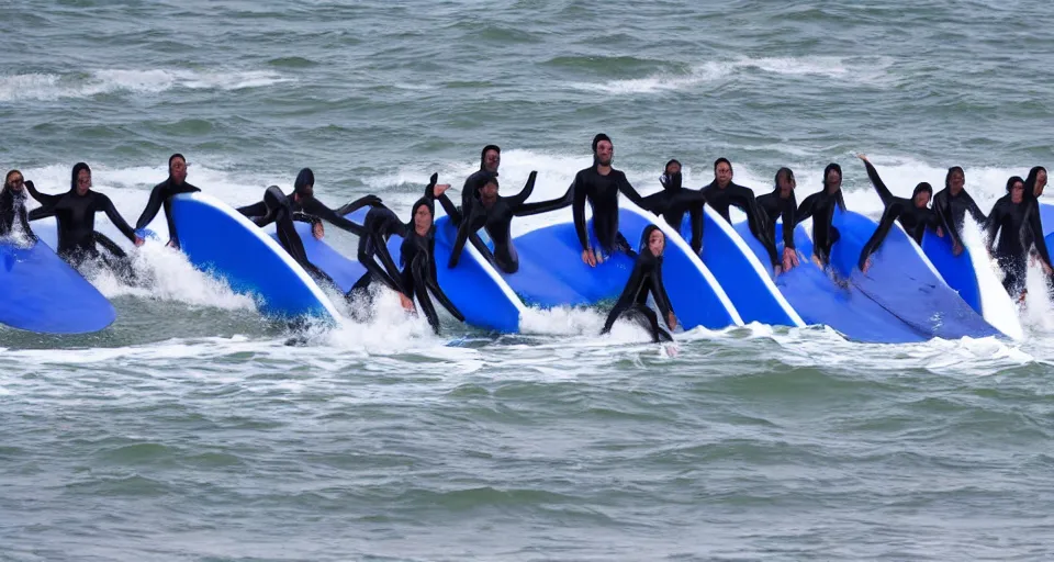 Prompt: devil worshippers in robes belonging to the cult of the ocean surfing in waves, standing on surfboards, surfing inside one large barreled wave, high detailed colors, blue