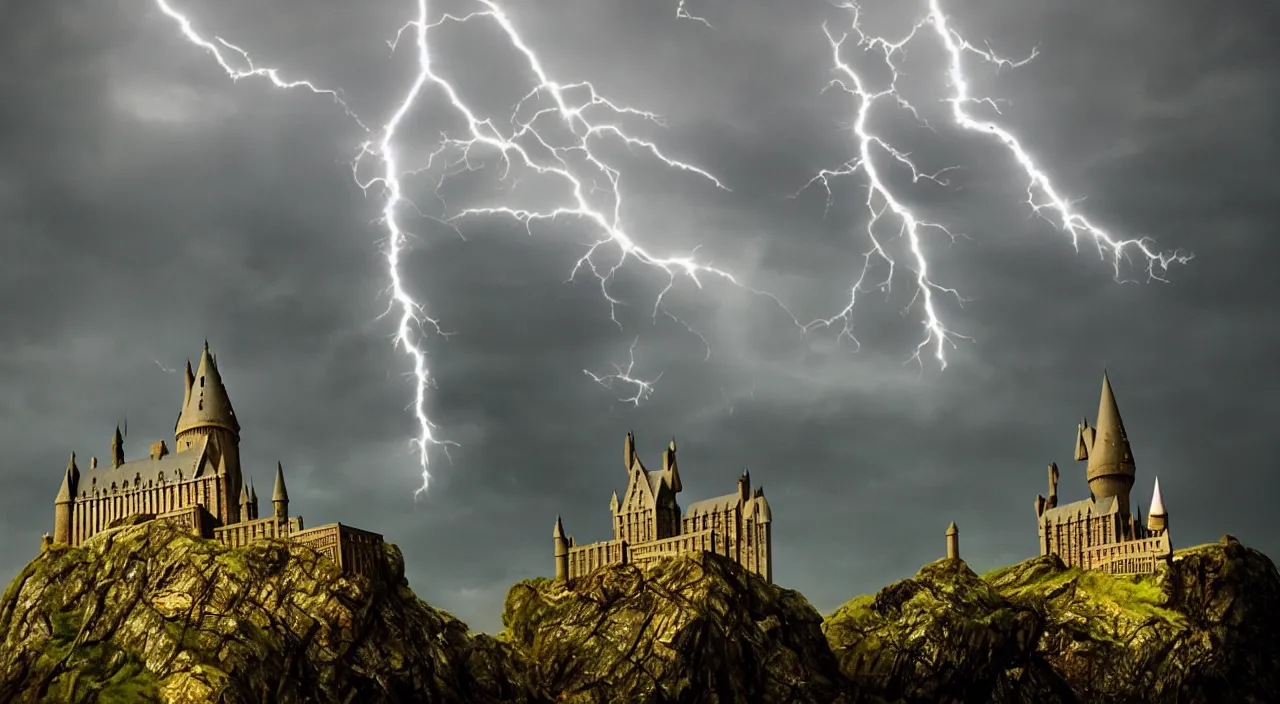 Image similar to slytherin harry potter flying with his wand forward. hogwarts castle and lightning strikes in the background. bad weather