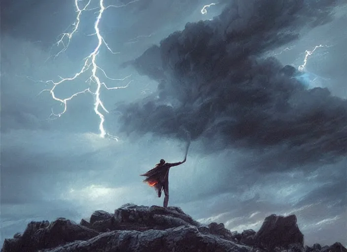 Image similar to a man with a long wavy black hair wearing a long blue coat and stands with his back to the viewer on bare rocky ground looking up at an immense approaching lightning storm. roiling dramatic threatening dangerous looming clouds. fantasy art by greg rutkowski and michael whelan