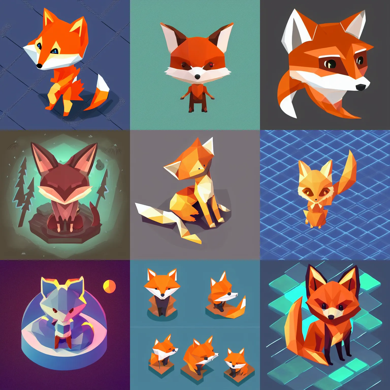 Prompt: isometric RPG icon of a cute chibi fox with a huge tail, ArtStation digital art, dark background, low poly model