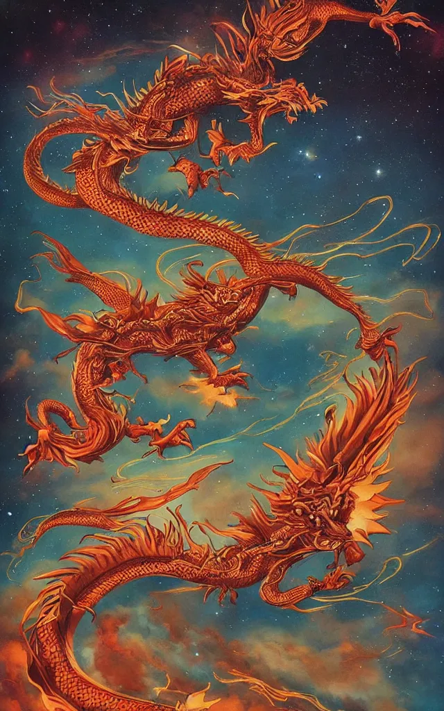 Image similar to chinese dragon flying through the galaxy, epic, legendary, cinematic composition, stunning atmosphere by james jean by roger dean by lee madgewick