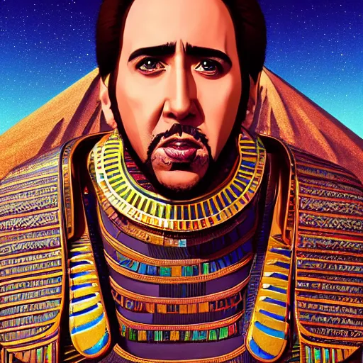 Image similar to a portrait of a beautiful Egyptian Nicolas Cage wearing ancient Egyptian fashion, desert background, rich vivid colors, ambient lighting, dynamic lighting, 4k, official media, anime key visual, makoto shinkai, ilya kuvshinov, lois van baarle, rossdraws, detailed, trending on artstation