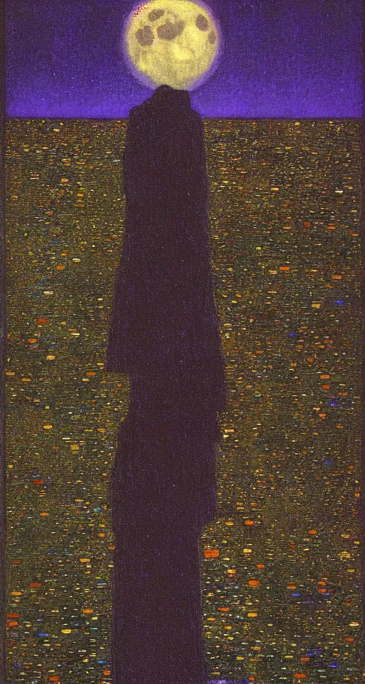 Image similar to a robed figure standing at the side of a dark lake, looking at the reflection of the moon in the water :: illustrated in the style of klimt, moebius, alex grey :: psychedelic, moody, backlight, iridescent, fluorescent