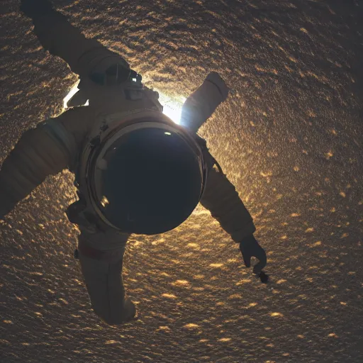 Image similar to photograph of an astronaut in space, singular light source from below, earth only visible below, darkness above, full body photo, amazing light and shadow contrast, 8 k