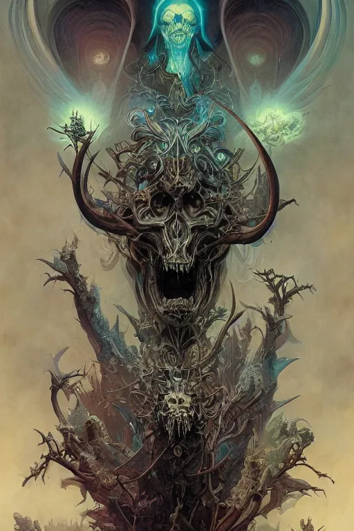 Image similar to evil gigantic alien skull lord demon of death, fantasy painting, ultra realistic, wide angle, art nouveau, intricate details, rainbowshift, vivid colors, highly detailed by peter mohrbacher, h. r. giger, maxfield parrish, gaston bussiere, gustave dore, craig mullins