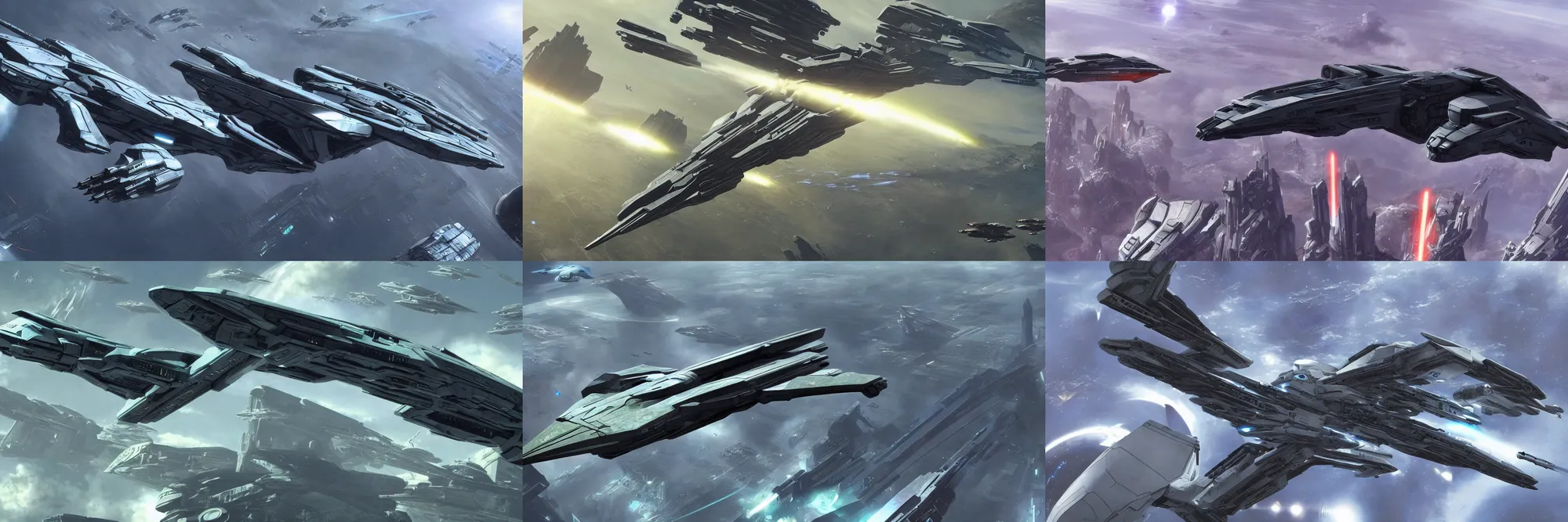 Prompt: a futuristic halo mass effect star wars fighter jet, flying over a large futuristic city