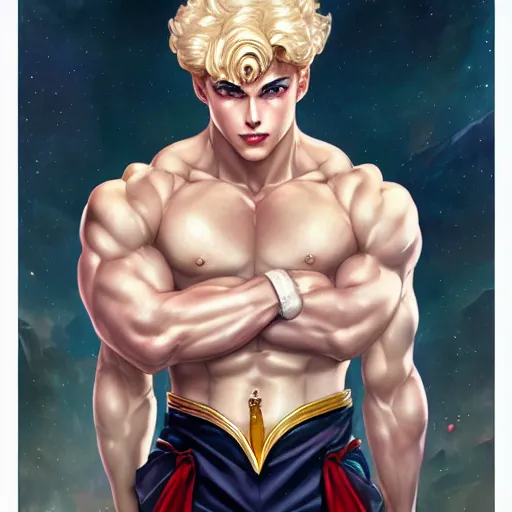 Prompt: hyper masculine buff Sailor Moon as a male, pale skin curly blond hair, fantasy, intricate, elegant, highly detailed, digital painting, artstation, concept art, matte, sharp focus, illustration, art by Artgerm and Greg Rutkowski and Alphonse Mucha