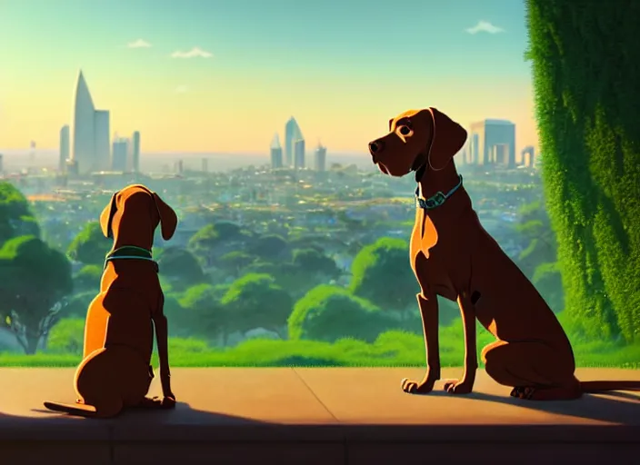 Image similar to a wholesome animation key shot of a brown vizsla dog wearing a green sweater, adelaide city in the background, studio ghibli, pixar and disney animation, sharp, rendered in unreal engine 5, anime key art by greg rutkowski, bloom, dramatic lighting