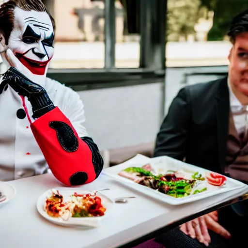 Image similar to joker eating at a fancy restaurant standing next to deadpool, 85mm f/1.4