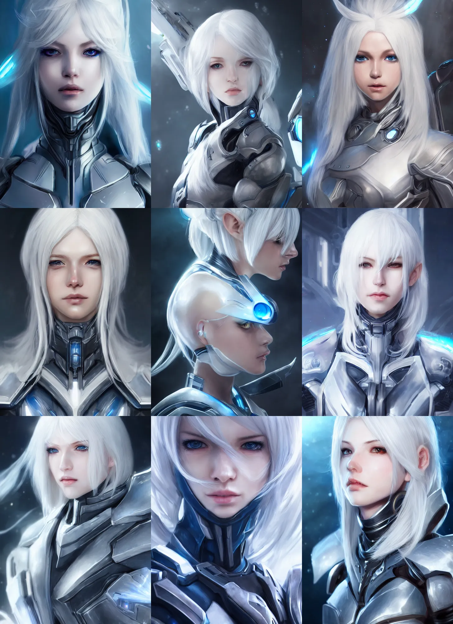 Image similar to detailed portrait of perfect white haired girl, android, warframe armor, beautiful, pretty face, blue cyborg eyes, innocent, scifi, 4 k, sun yunjoo, ultra realistic, aura of light, cinematic lighting, highly detailed, sharp focus, artstation, masterpiece, art by hyungjin yang and akihiko yoshida