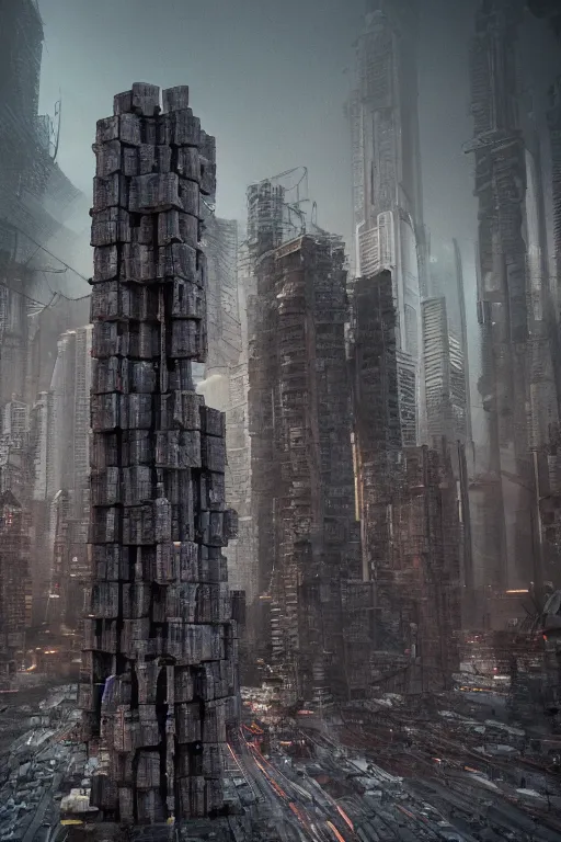 Prompt: A dystopian future in a city made of life-size Jenga blocks, evil, demonic, angelic, environment concept, Rendered in Octane, trending on artstation, cgsociety, moody lighting rendered by octane engine, environment 8K artstation, cinematic lighting, intricate details, 4k detail post processing, hyperealistic, octane render, photo realism