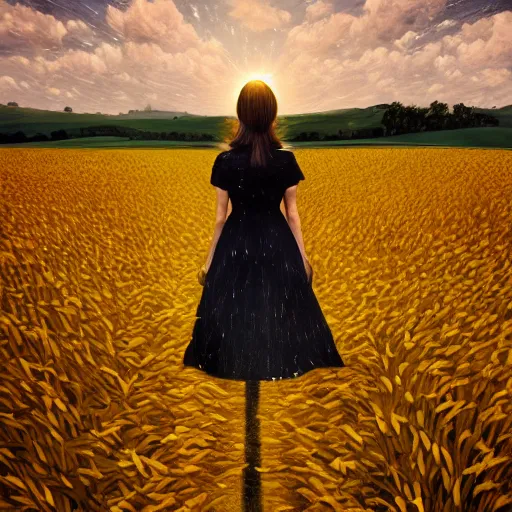 Image similar to huge sunflower face, girl walking in wheat field, hills, surreal photography, dark night, star trails, dramatic light, impressionist painting, clouds, digital painting, artstation, simon stalenhag