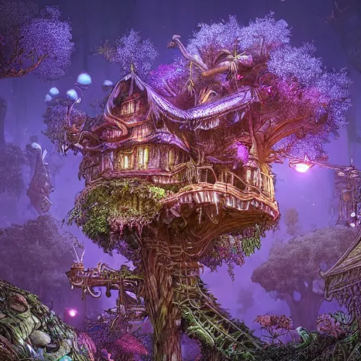 Prompt: an elaborate treehouse overgrown by bioluminescent, purple, blue, glowing plants, an ultrafine hyperdetailed illustration by kim jung gi, irakli nadar, intricate linework, bright colors, octopath traveler, final fantasy, unreal engine 5 highly rendered, global illumination, radiant light, detailed and intricate environment