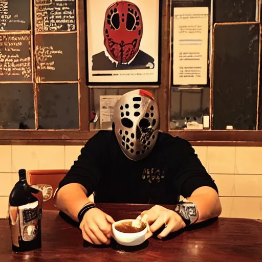 Image similar to photograph of jason voorhees having a coffee at an european caffé