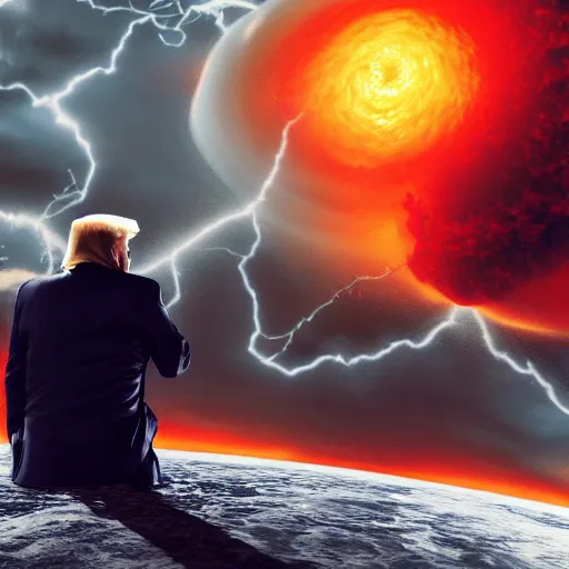 Image similar to trump sitting on a atom bomb falling into a hurricane, trending on artstation, photorealistic, high resolution, octane, unreal engine, digital,