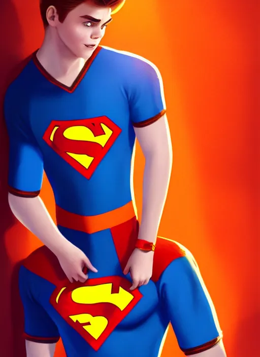 Image similar to friendly teenage archie andrews wearing an orange superhero costume with heart logo, freckles, pureheart the powerful, heart emblem on chest, blue cape, intricate, elegant, glowing lights, highly detailed, digital painting, artstation, sharp focus, illustration, art by wlop, mars ravelo and greg rutkowski