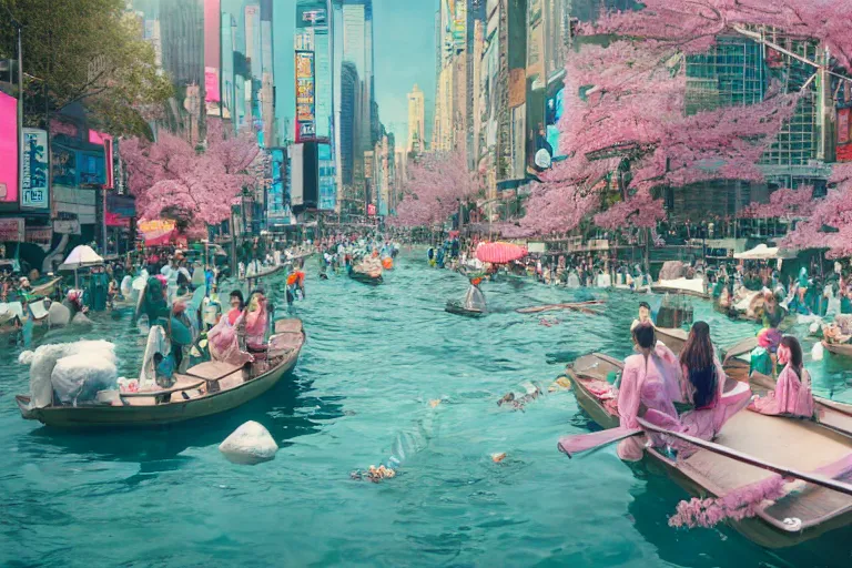 Image similar to floating markets of times square river in kyoto kamo turquoise and pink river during sakura season on thermal waters flowing down white travertine terraces during interstellar aurora borealis, gold waterfalls, vendors, festivals, fun, by peter mohrbacher, james jean, james gilleard, greg rutkowski, vincent di fate, rule of thirds, octane render, beautiful landscape