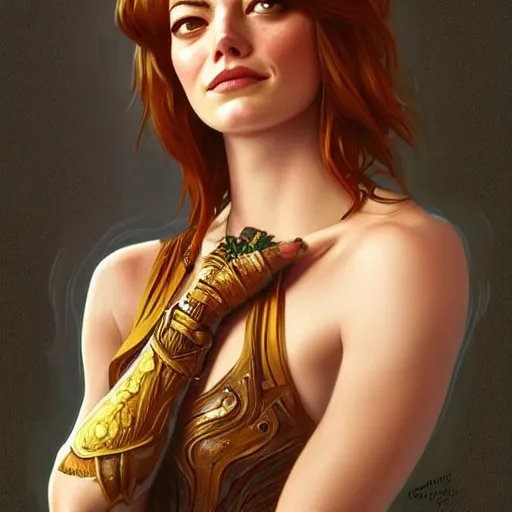 Image similar to fullbody portrait of emma stone, muscular, upper body,big chest, amazon warrior, fantasy, intricate, elegant, highly detailed, digital painting, artstation, concept art, matte, sharp focus, illustration, art by Artgerm and Greg Rutkowski and Alphonse Mucha