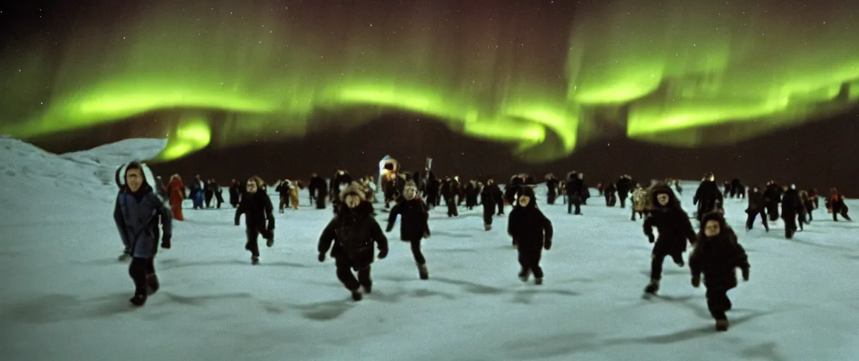 Image similar to filmic extreme wide shot movie still 4 k uhd exterior shot 3 5 mm film color photograph of a crowd of people people running in terror around a village in the antarctic at night with the northern lights lighting up the sky, in the style of the horror film the thing 1 9 8 2