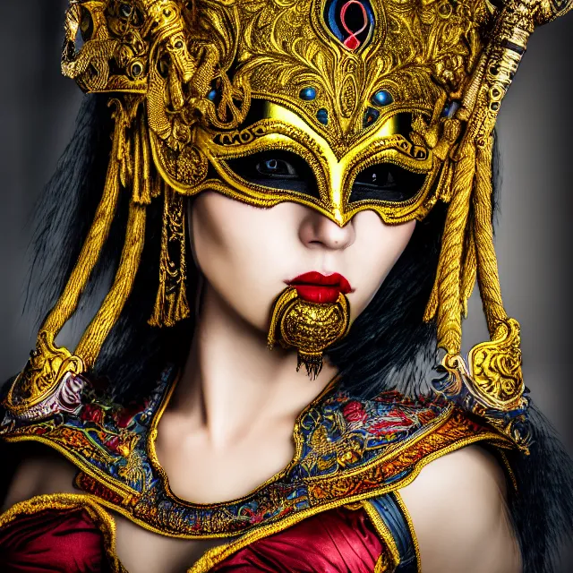 Prompt: portrait photo of a female warrior with ornate venetian mask highly detailed, 4 k, hdr, close up, portrait, smooth, sharp focus, high resolution, award - winning photo