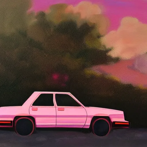 Image similar to an old 1 9 8 0 s car parked off the road, sunset, ocean in distance, pink, oil painting, pale colors, high detail, 8 k, wide angle, trending on artstation,