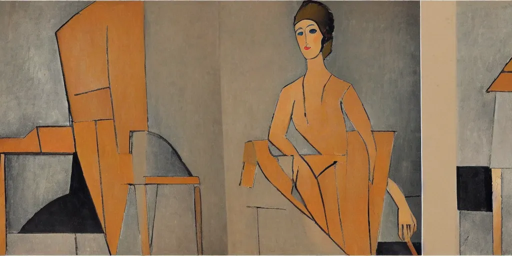 Image similar to photo of furniture designs in the style of modigliani, design sheet.