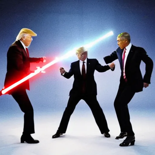 Image similar to photo of putin, trump and obama having a lightsaber fight