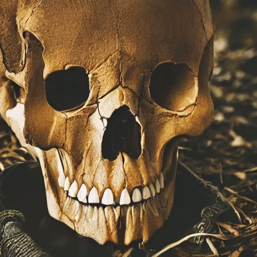 Prompt: dslr portrait photo of a animal skull covered in metal, f 2. 8, 4 k, photorealistic, cinematic, masterpiece,