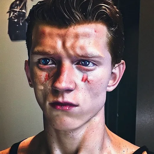 Image similar to “a realistic detailed photo of a guy who is the terminator robot, who is a male android, Tom Holland, shiny skin, red eyes, posing like a statue, blank stare”