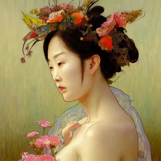 Image similar to A portrait of The bride in a Chinese wedding by Ross Tran!!! and alphonse mucha and greg rutkowski! and Gustave Doré!! and Zdzisław Beksiński!,In style of Impressionism.Symmetry.Highly detailed face.Fantasy,smooth,hyper detailed,sharp focus,Soft light.trending on artstation.oil on canvas