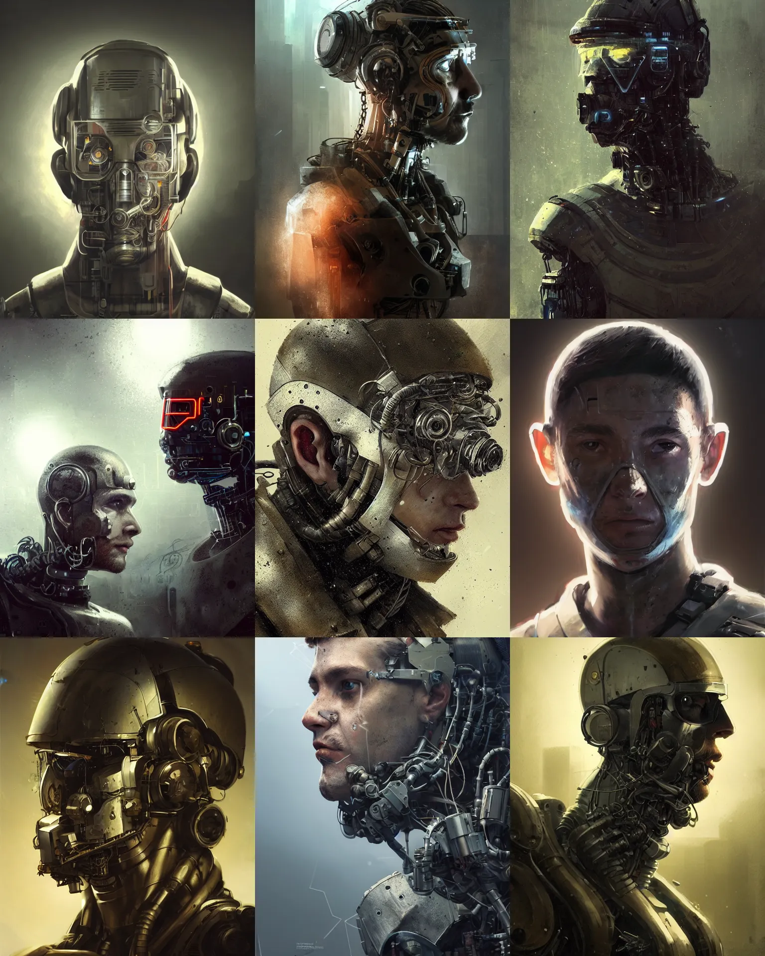 Image similar to a half - masked rugged young laboratory engineer man with cybernetic enhancements as seen from a distance, scifi character portrait by greg rutkowski, esuthio, craig mullins, 1 / 4 headshot, cinematic lighting, dystopian scifi gear, gloomy, profile picture, mechanical, half robot, implants, steampunk