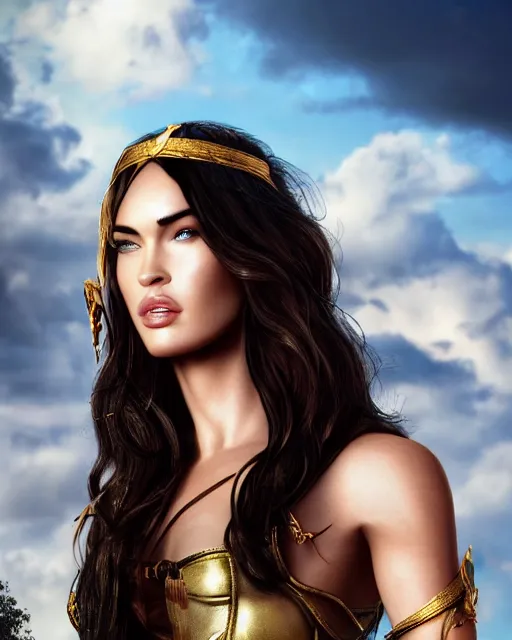 Prompt: megan fox as a Greek goddess in the sky, detailed face, realistic face, highly detailed, sharp, 4k, hd, octane render