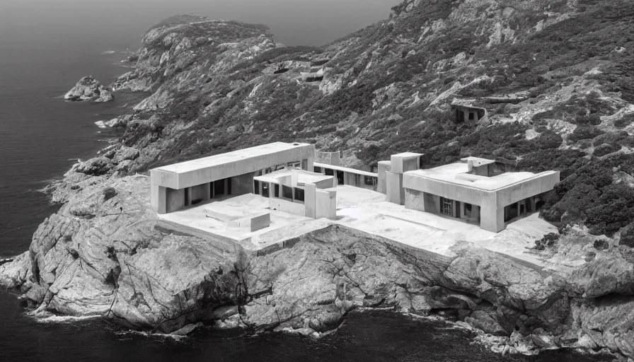 Image similar to brutalist base perched on a cliff overlooking a magnificient bay, drawing architecture, fog horizon, pritzker architecture prize, greig fraser