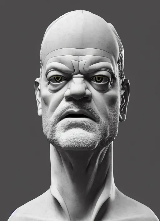 Image similar to a statue made of white marble with gold veins, of kelsey grammer as frasier crane with fittonias, transhumanism, full body shot, perfect symmetrical body, perfect symmetrical face, hyper realistic, hyper detailed, by johannen voss, by peter kemp, by alex grey, octane render, blender, 8 k
