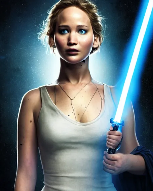 Prompt: jennifer lawrence as a jedi, battle scared with ripped clothes, holding up a blue lightsaber, very dark background, official new star wars episode xi movie poster from lucas arts, perfect symmetrical face, moody lighting, 8 k, shallow depth of field, intricate detail,