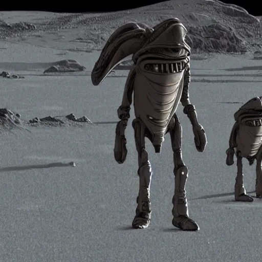 Image similar to aliens that walk with three legs in the cold wastes of pluto, highly detailed, realistic, scifi