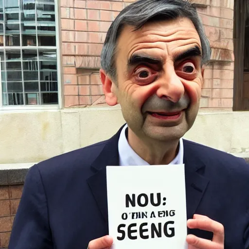 Image similar to photo of Mr. Bean holding a sign saying soon