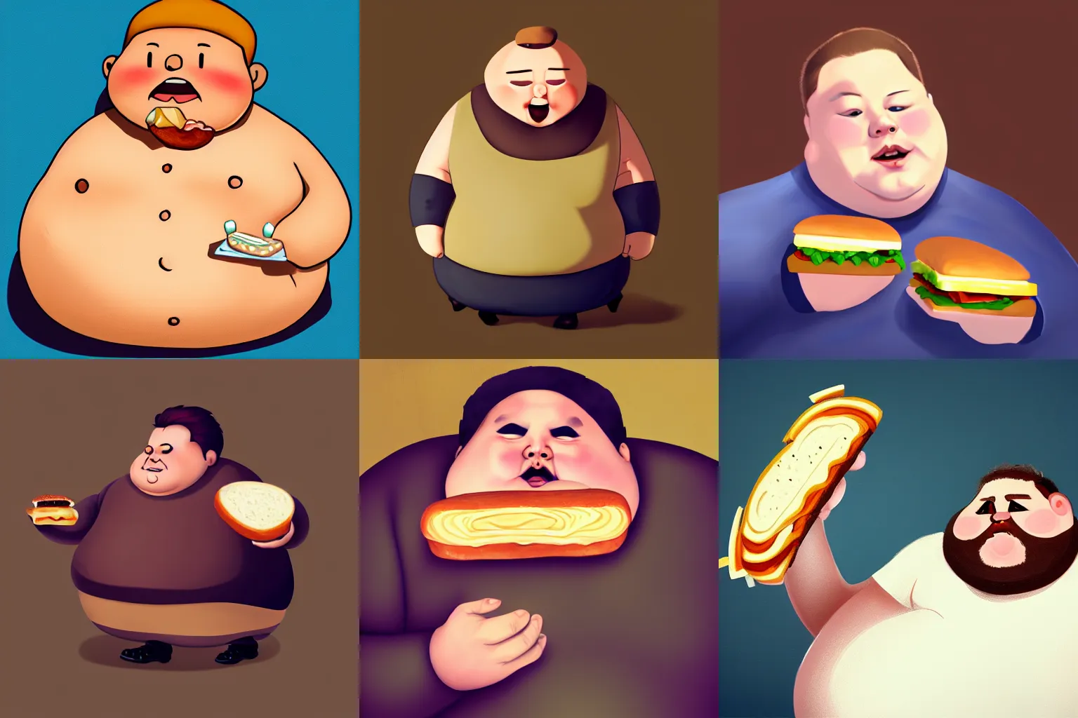 Prompt: a fat man holding a tiny sandwich, digital painting masterpiece trending on pixiv and artstation