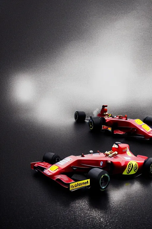 Prompt: wide angle shot of two formula 1 cars racing in the rain, ferrari, mercedes, 2012, octane render, trending on artstation, cgsociety, 4k