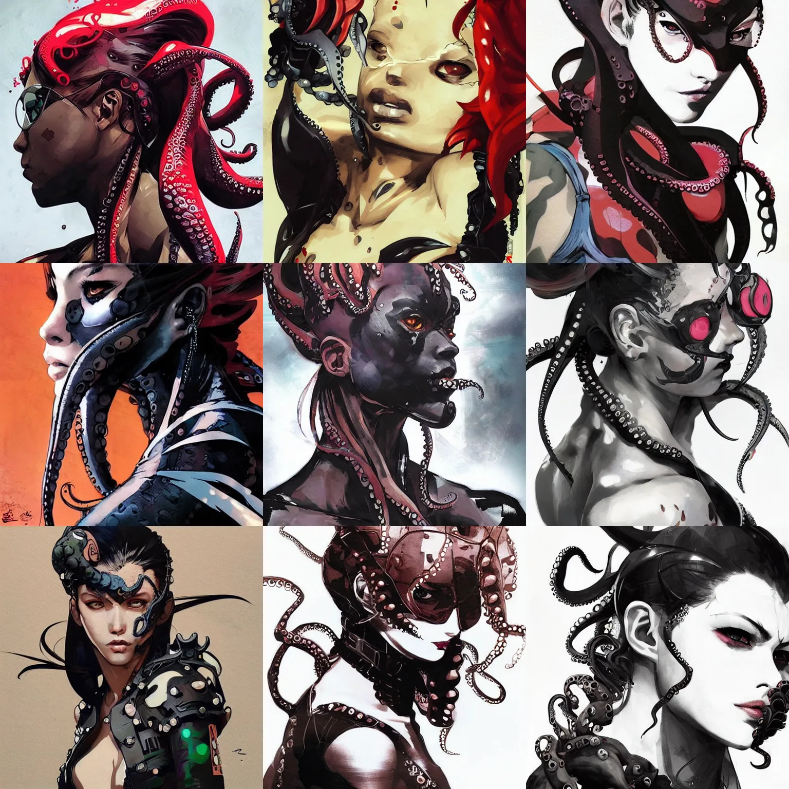 Prompt: a beautiful side portrait of a female octopus ninja. art by yoji shinkawa and sandra chevrier, trending on artstation, award - winning, perfect composition.