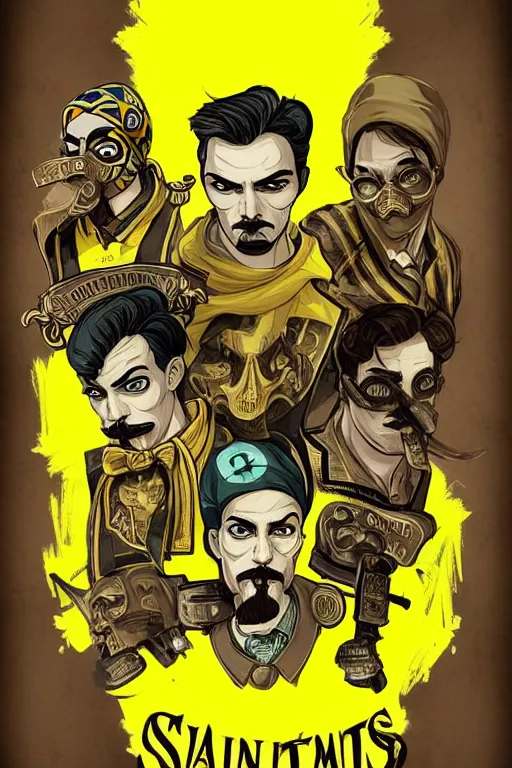 Image similar to saints street gang wear yellow bandanas, and some of them have thick mustachesdigital art, artgrem, illustration, concept art, pop art style, dynamic comparison, fantasy, bioshock art style, gta chinatowon art style, hyper realistic, face and body features, without duplication noise, hyperdetails, differentiation, sharp focus, intricate