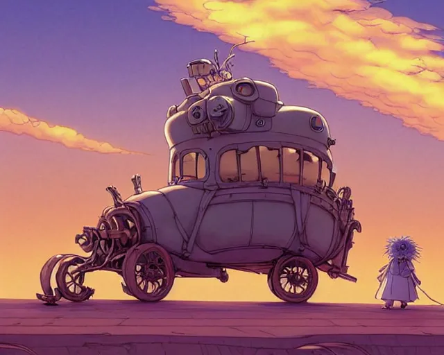 Image similar to a cell shaded cartoon giant grey lovecraftian mechanized grandma from howl's moving castle ( 2 0 0 4 ), with a big head, on a desert road, wide shot, sunset, golden hour, muted colors, post grunge, josan gonzales, wlop, by james jean, victor ngai, hq, deviantart, art by artgem