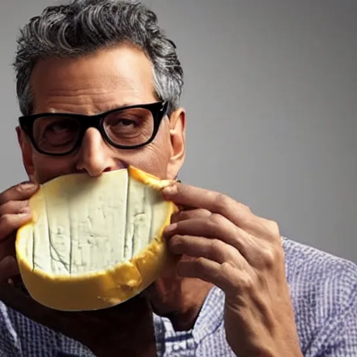 Image similar to jeff goldblum eating a large wheel of cheese,