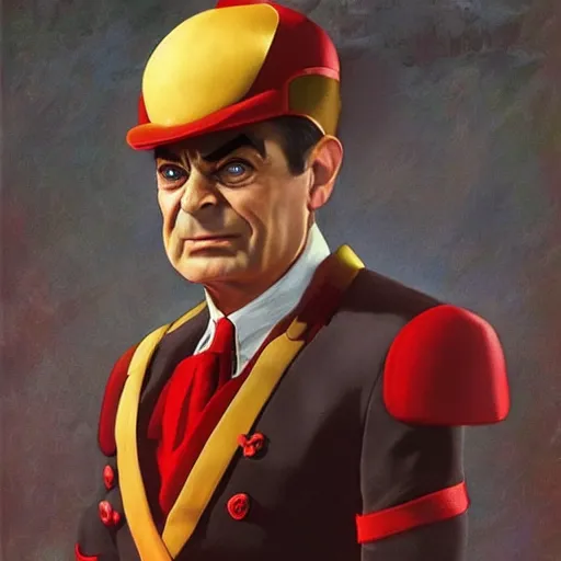 Image similar to ultra realistic full body painting of mr bean as m. bison from street fighter, art by frank frazetta, 4 k, ultra realistic, highly detailed, epic lighting