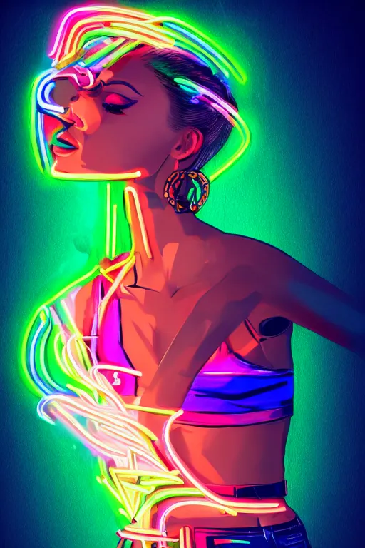 Prompt: a award winning half body portrait of a beautiful woman with stunning eyes in a croptop and cargo pants with smoking hair in rainbow colors, outlined by whirling illuminated neon lines, outrun, vaporware, shaded flat illustration, digital art, trending on artstation, highly detailed, fine detail, intricate