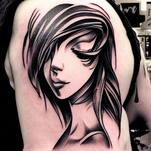 Image similar to tattoo design, stencil, beautiful girls face, geometry surrounding by artgerm, artgerm, cat girl, anime